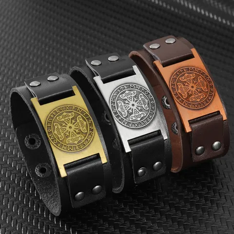 Viking Norse Mythology Runes Odin Leather Bracelet For Men Vintage Punk Alloy PU Wristband Gothic Jewelry Gift
