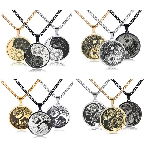 Men Women Stainless Steel Tai Chi Yin Yang Round Pendant Necklace Retro Dragon Tiger Sun Moon Jewelry Gift