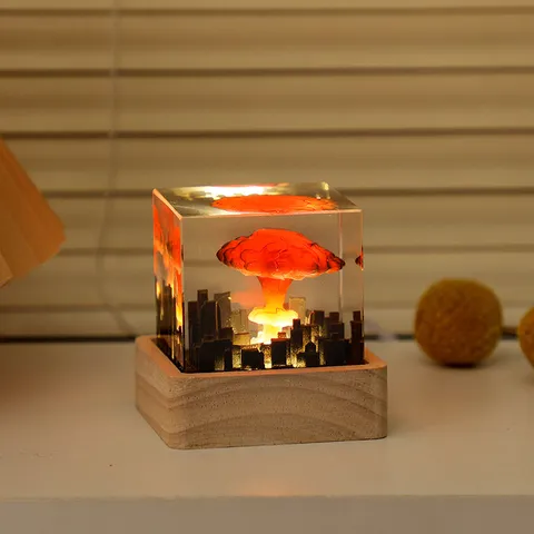 Creative Resin Cube Night Light Dandelion Mushroom Cloud Desktop Ornament Rechargeable LED Glowing Lamp Home Decor