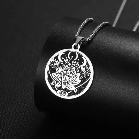 Stainless Steel Wicca Lotus Moon Pendant Necklace Black Silver Two-Tone Geometric Jewelry Gift For Women And Men