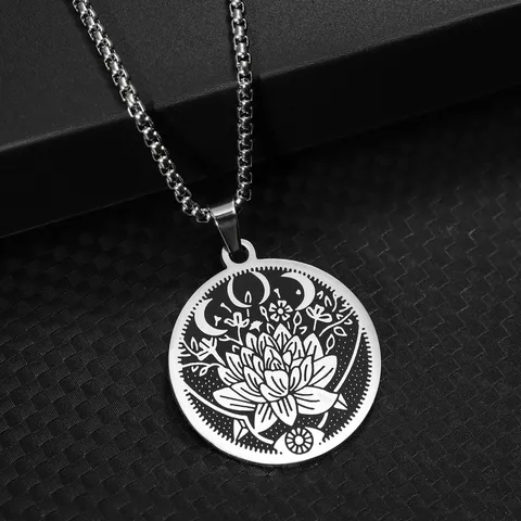Stainless Steel Wicca Lotus Moon Pendant Necklace Black Silver Two-Tone Geometric Jewelry Gift For Women And Men