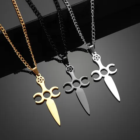 Men's Hip Hop Stainless Steel Pentagram Sword Pendant Necklace Gothic Punk Titanium Steel Moon Sword Necklace Jewelry Gift