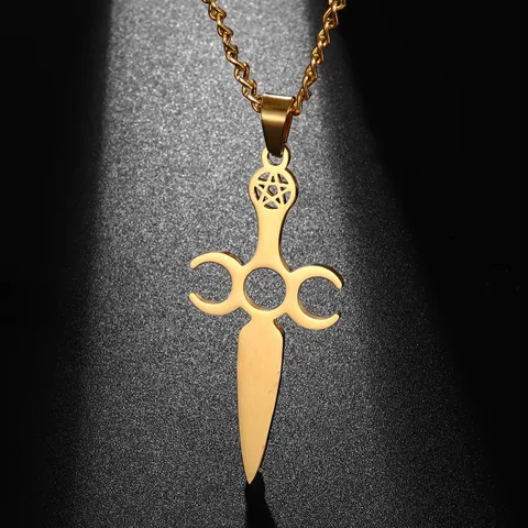 Men's Hip Hop Stainless Steel Pentagram Sword Pendant Necklace Gothic Punk Titanium Steel Moon Sword Necklace Jewelry Gift