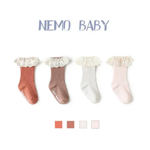 Chaussettes Mi-Mollet pour Bébé Fille Mignon Couleur Unie Garniture en Dentelle Coton Antidérapant Chaussettes pour Nourrisson Enfant en Bas Âge Pour Printemps Automne