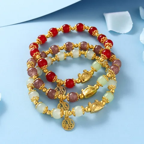 New Chinese Style Artificial Crystal Beaded Bracelet National Trend Vintage Year Of The Dragon Fortune Tag Pendant Lucky Stretch Charm Bracelet For Women