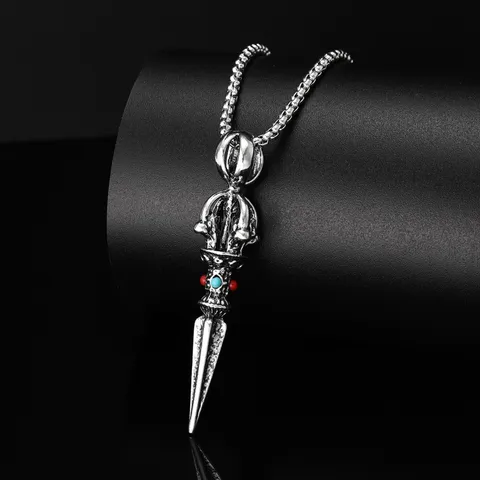 Retro Thai Silver Style Alloy Vajra Pestle Pendant Necklace For Men Ethnic Rhinestone Inlaid Sweatshirt Chain Jewelry Gift