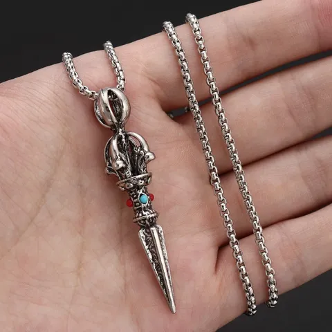 Retro Thai Silver Style Alloy Vajra Pestle Pendant Necklace For Men Ethnic Rhinestone Inlaid Sweatshirt Chain Jewelry Gift