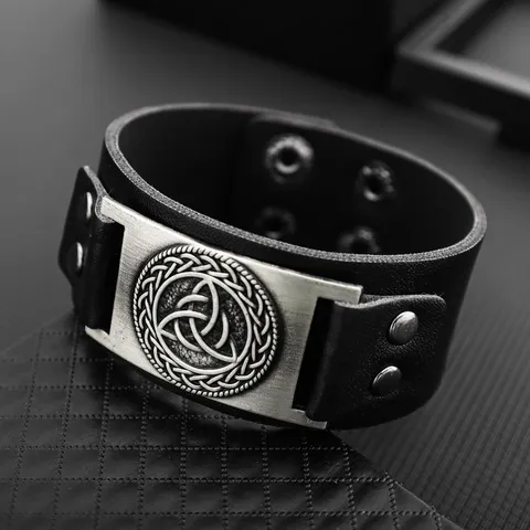 Retro Punk Men Wide Leather Bracelet Celtic Knot Adjustable Alloy Charm Wristband Gothic Faux Leather Bangle Jewelry Gift