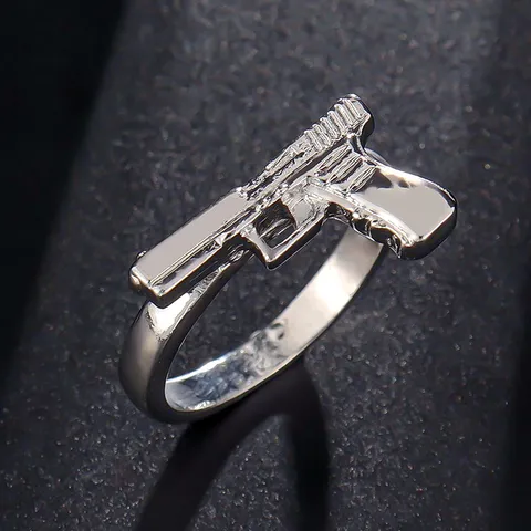 Vintage Alloy Pistol Pendant Ring Men Retro Punk Electroplated Silver Gun Shaped Band Finger Ring Charm Jewelry Gift For Party