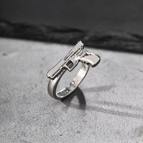Vintage Alloy Pistol Pendant Ring Men Retro Punk Electroplated Silver Gun Shaped Band Finger Ring Charm Jewelry Gift For Party