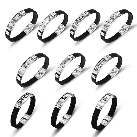 Fashion Stainless Steel Silicone Bracelet For Men Unisex Geometric Hollow Love Wings Skull Wristband Trend Sport Jewelry Gift