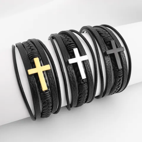 Men's Multi-Layer Braided PU Leather Cross Bracelet Magnetic Clasp Religious Punk Style Wristband Men's Fashion Jewelry Gift