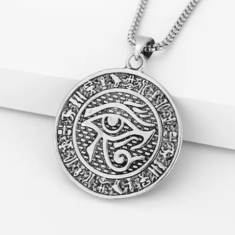 Collier Pendentif Rond Œil de Horus Pharaon Égyptien en Métal Vintage Collier de Chaîne de Relique Hiéroglyphique Vieilli pour Hommes Femmes Bijoux Quotidiens