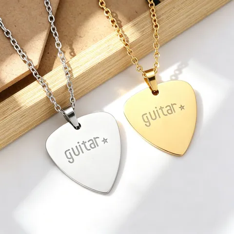 Retro Stainless Steel Guitar Pick Pendant Necklace For Men Women Hip Hop Rock Cross Chain Jewelry Gift