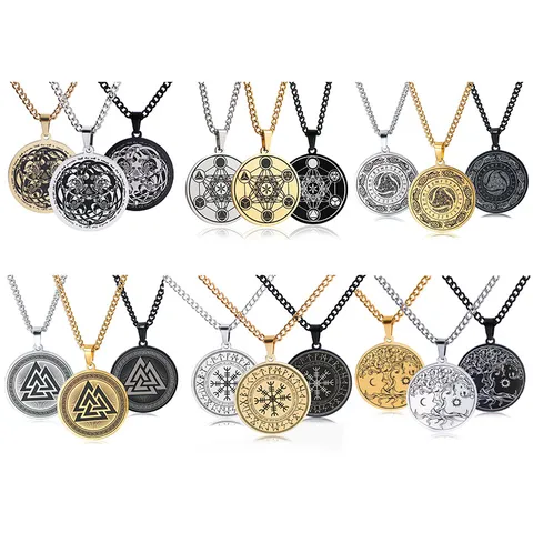 Viking Norse Mythology Valknut Tree of Life Vegvisir Compass Pendant Necklace Stainless Steel Punk Jewelry for Men Women Gift