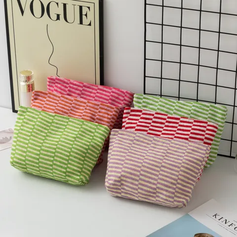 Knitted Cosmetic Bag Large Capacity Striped Plaid Storage Pouch Portable Makeup Organizer For Women Travel
