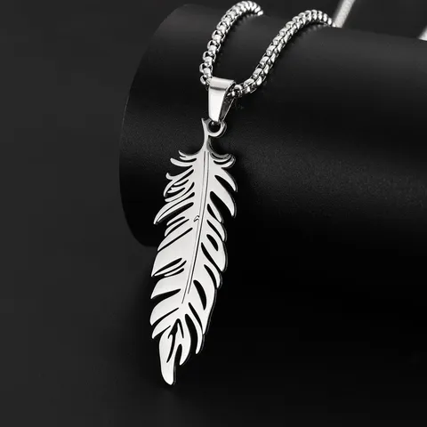 Hip Hop Stainless Steel Feather Pendant Necklace For Men Vintage Hollow Feather Streetwear Box Chain Jewelry Gift
