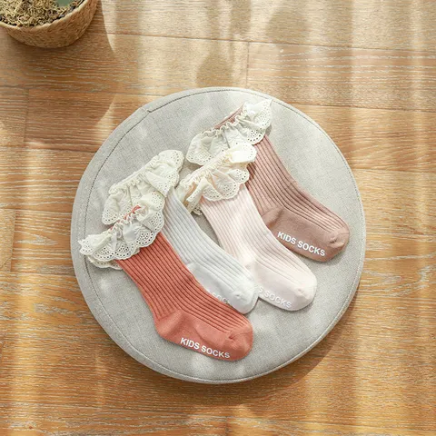 Chaussettes Mi-Mollet pour Bébé Fille Mignon Couleur Unie Garniture en Dentelle Coton Antidérapant Chaussettes pour Nourrisson Enfant en Bas Âge Pour Printemps Automne