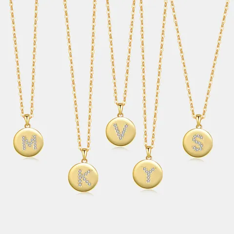 S925 Sterlingsilber Englische Buchstaben Halskette Runde Platte Strass Anhänger Für Damen 18K Vergoldet Personalisierter Schmuck Geschenk