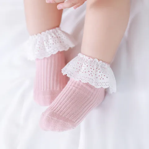 Chaussettes pour Nouveau-né et Bébé Mignon Couleur Unie Volant en Dentelle Coton Peigné Doux Respirant Chaussettes Fille