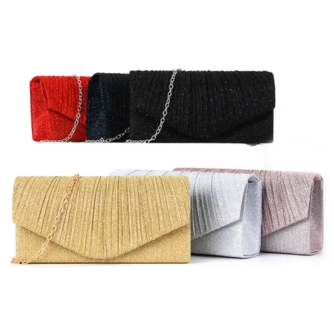 Women Evening Bag Pleated Stripe Flap Glitter Sequins Evening Dress Party Handbag Metallic Chain Crossbody Bag