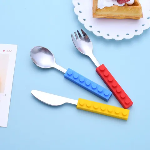 Kinder Besteckset Edelstahl Gabel Löffel Messer Mit Silikon Baustein Griff Kinder Geschirr