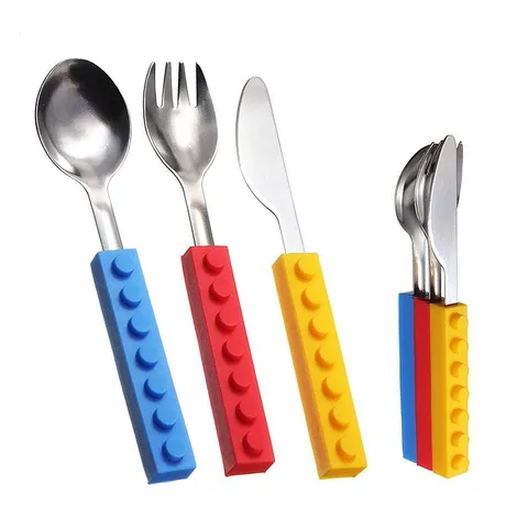 Kinder Besteckset Edelstahl Gabel Löffel Messer Mit Silikon Baustein Griff Kinder Geschirr