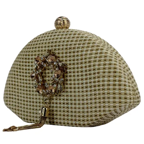 Sac de Soirée Paille Tissée Femme Pochette Demi-Lune avec Fleur Strass Pendant Chaîne Or Bandoulière