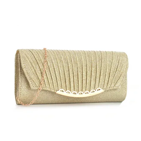 Women Pleated Evening Bag Metallic Chain Crossbody Clutch Purse Elegant Wedding Banquet Handbag Shiny Evening Dress Bag