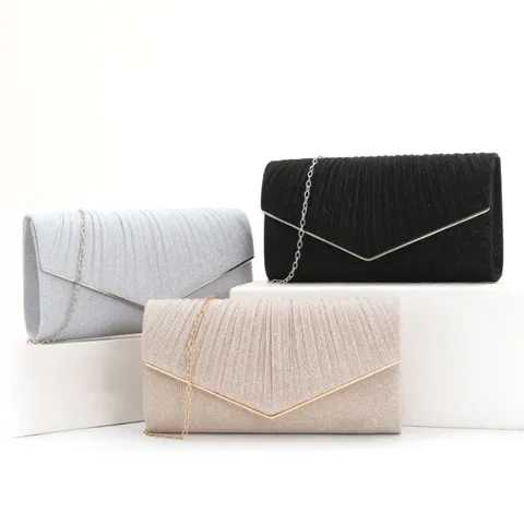 Sac de Soirée Femme Paillettes Forme V Plissé Clutch Élégante Chaîne Métallique Bandoulière Sac à Main de Banquet