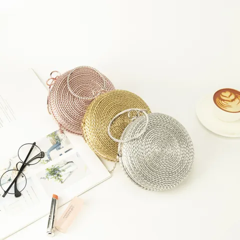 Mode Minimaliste Femmes Rond Tissé à Main PU Cuir Pochette Bandoulière Unique Épaule Chaîne Sac Pour Soirée