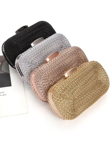 Sac de Soirée Tissé en PU pour Femmes Pochette Rigide Métallique avec Chaîne Sac Bandoulière Fête de Mariage Sac à Main