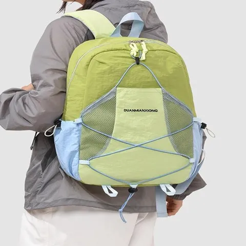 Leichter Nylon Farbblock Rucksack Für Damen Multi Tasche Outdoor Wandern Rucksack Lässige Reisen Schule Tasche Mit Vorderer Netztasche