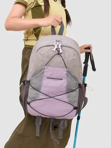 Leichter Nylon Farbblock Rucksack Für Damen Multi Tasche Outdoor Wandern Rucksack Lässige Reisen Schule Tasche Mit Vorderer Netztasche