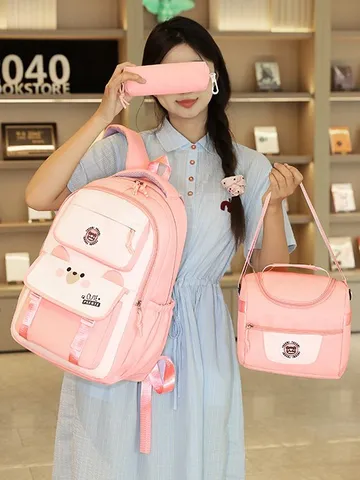 Juego de Mochila de Nylon Colorblock de Gran Capacidad Bolsa Escolar Casual Para Estudiantes Con Bolsa de Almuerzo y Estuche