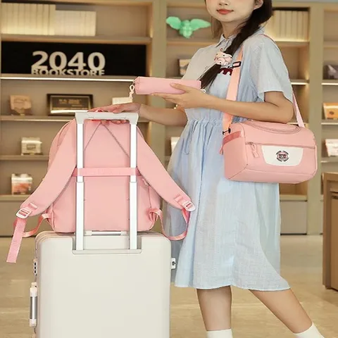 Juego de Mochila de Nylon Colorblock de Gran Capacidad Bolsa Escolar Casual Para Estudiantes Con Bolsa de Almuerzo y Estuche
