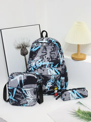 Casual Nylon Graffiti Backpack Set Three Piece Graffiti Waterproof School Bag Large Capacity Travel Bookbag For Students