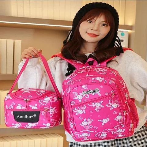 Studenten Schoolrugzak Set Nylon Mode Cartoon Konijn Print Casual Boekentas Met Geïsoleerde Lunchtas