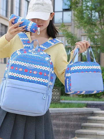 Juego de Mochila de Estilo Étnico de Tres Piezas Gran Capacidad Bolsa Escolar con Lonchera y Estuche para Estudiantes Mochila de Viaje Casual