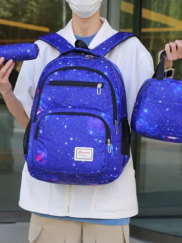 Mochila Informal Estampada de Cielo Estrellado Gran Capacidad Conjunto de Bolso Escolar Con Bolsa de Almuerzo Y Estuche para Estudiantes Viajes