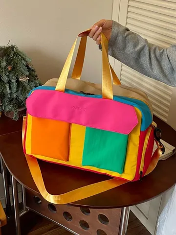 Dopamine Color Block Travel Bag Women Large Capacity Fitness Yoga Handbag Suitcase Sleeve Crossbody Gym Overnighter Bag