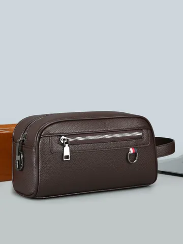 Pochette Business pour Homme en Cuir PU Motif Litchi Sac à Main Grande Capacité Portefeuille avec Serrure et Dragonne