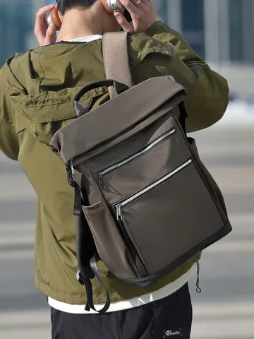 Men Casual Oxford Cloth Roll Top Backpack Large Capacity Business Travel Laptop School Bag Water Resistant
