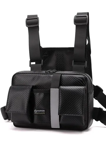 Men Tactical Chest Bag Vest Techwear PU Leather Carbon Fiber Reflective Streetwear Outdoor Cycling Multi-Pocket Sling Bag