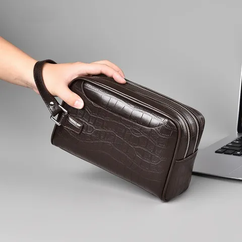 Bolso de Mano Casual de Negocios de Cuero PU para Hombre Patrón de Cocodrilo Grabado Doble Cremallera Cartera con Correa de Muñeca
