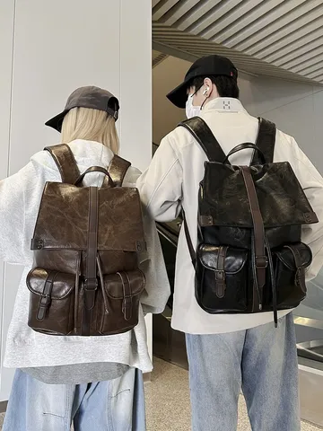 Vintage Kleurblok Polyurethaan Leer Rugzak Grote Capaciteit Drawstring Flap Daypack School Reis Laptop Tas Voor Heren Dames