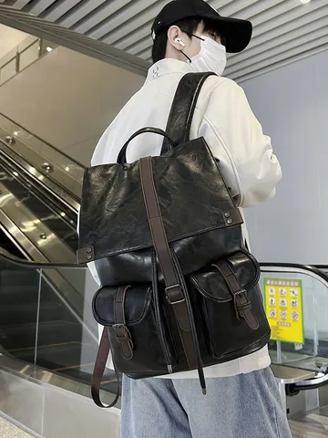 Vintage Kleurblok Polyurethaan Leer Rugzak Grote Capaciteit Drawstring Flap Daypack School Reis Laptop Tas Voor Heren Dames