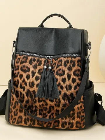 Damen Retro Leopardenmuster Quasten Rucksack Diebstahlsicherer Mehrzweck Reise Tasche Mode PU Leder Rucksack Groß
