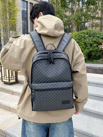 Mochila con Monograma de Cuero PU Vintage Gran Capacidad Business Casual Viaje Bolsa para Portátil Hombres Mujeres Escuela