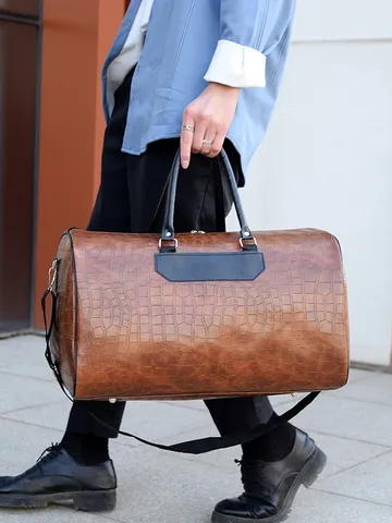 Large Capacity PU Leather Travel Bag For Men Crocodile Pattern Duffel Bag Sports Gym Bag Weekend Overnight Tote Luggage Bag
